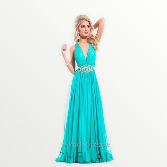 NWT RACHEL ALLAN Jade Rhinestone Maxi Gown, Size 4 - Picture 1 of 8